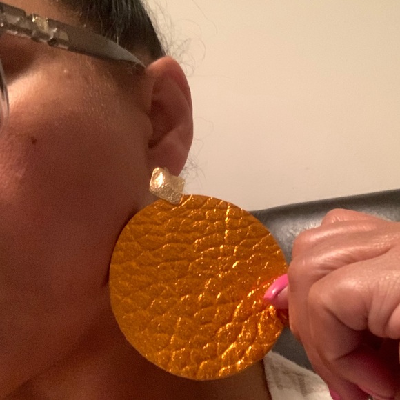 Genuine Leather Circle Earrings- Metallic Orange with Gold - Picture 2 of 4